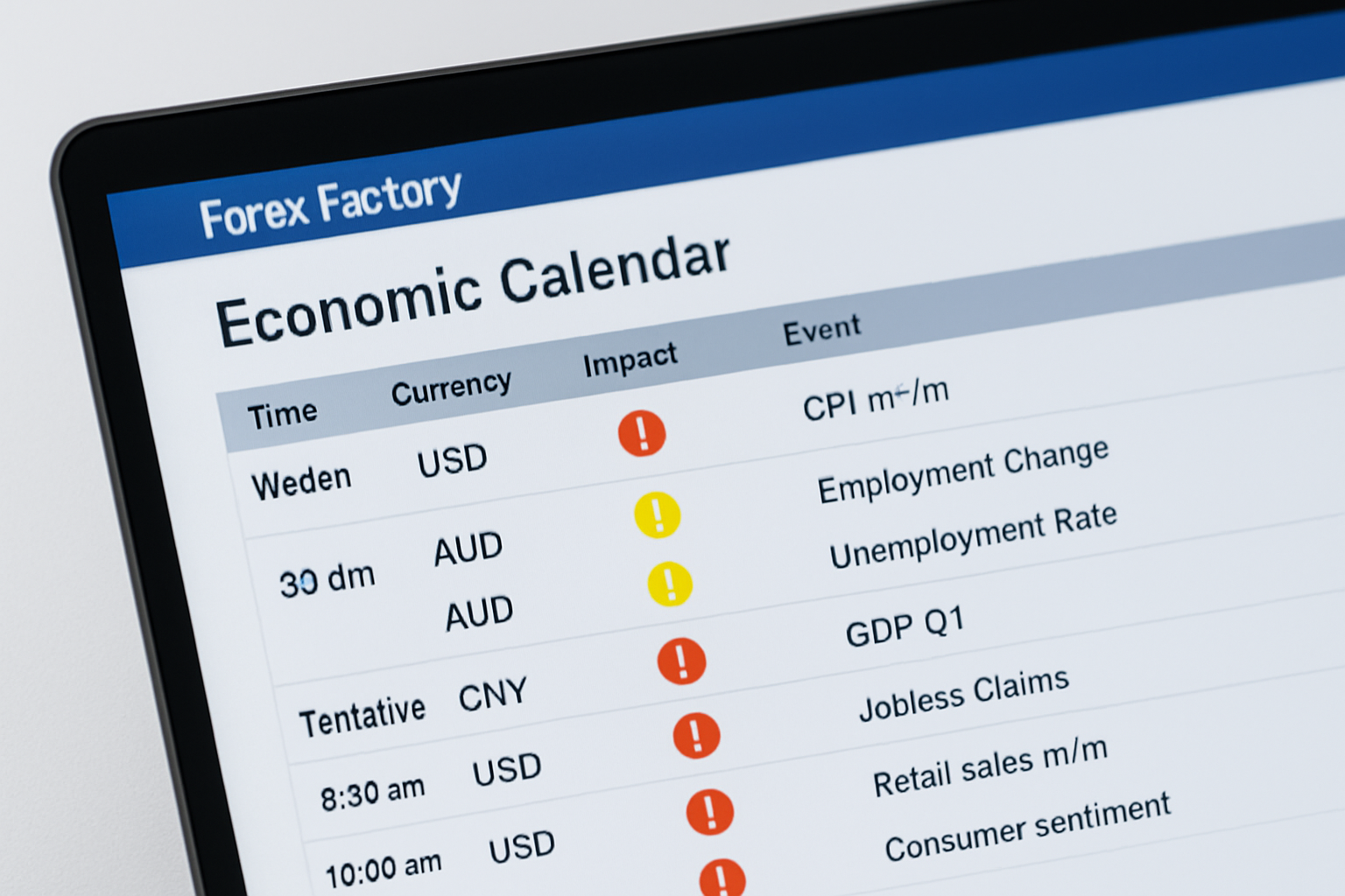 Screenshot example of Forex Factory economic calendar highlighting impact icons and upcoming events