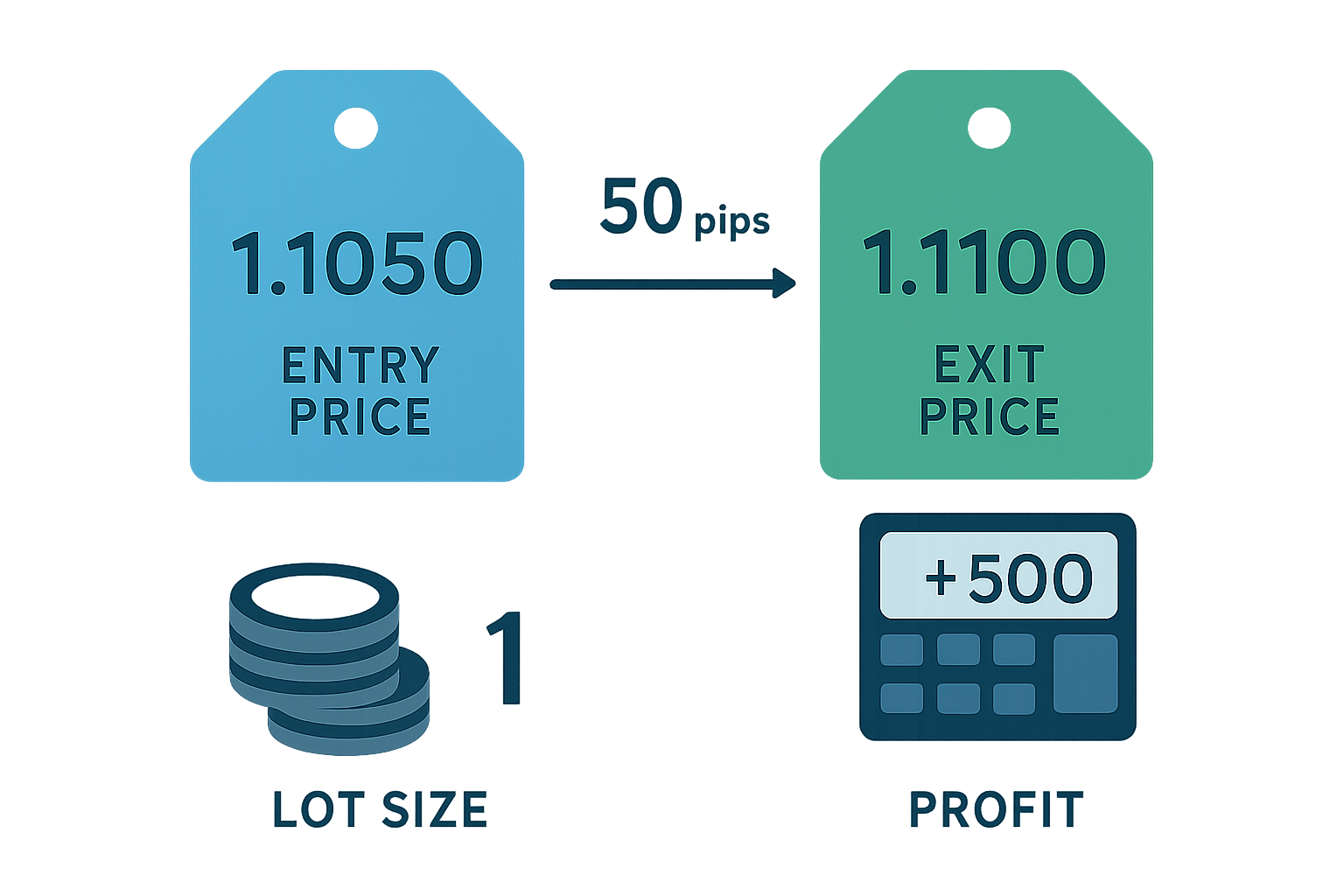 Infographic illustrating step-by-step pip calculation with example currency pair and trade details