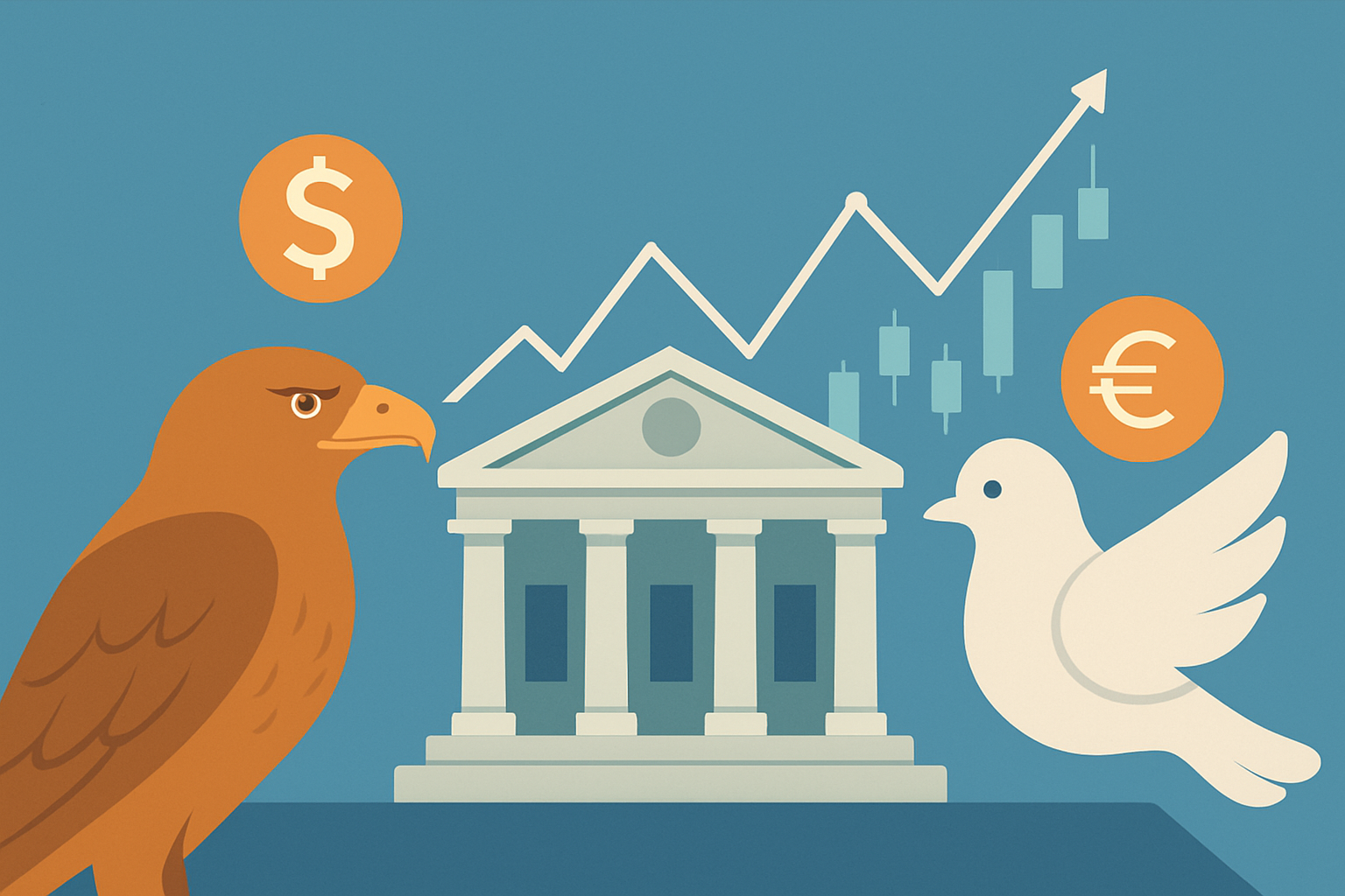 Visual representation of central bank hawkish and dovish stances affecting financial markets including stocks and currencies