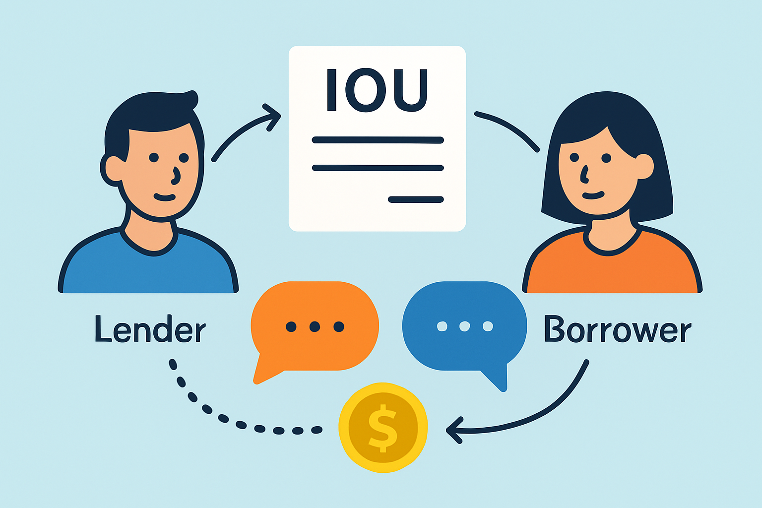 Diagram illustrating the flow of an IOU from issuer to receiver, including informal communication and repayment