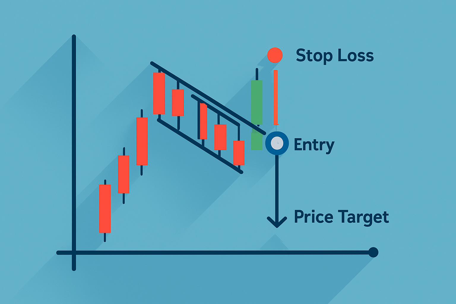 Example trade setup for a bear flag pattern including entry point, stop loss, and price target.