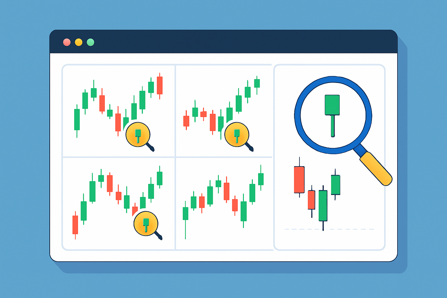 Interactive tool showcasing hammer candlestick patterns for beginner practice