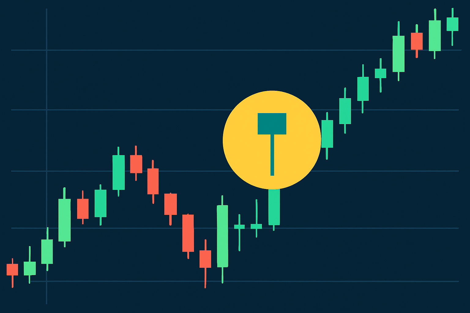Example of a hammer candlestick pattern on a trading chart showing its key features