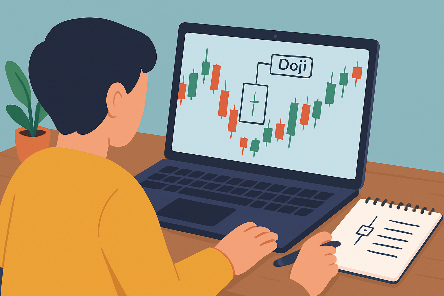 An image showcasing a beginner patiently studying candlestick charts with highlighted doji candles and learning materials.
