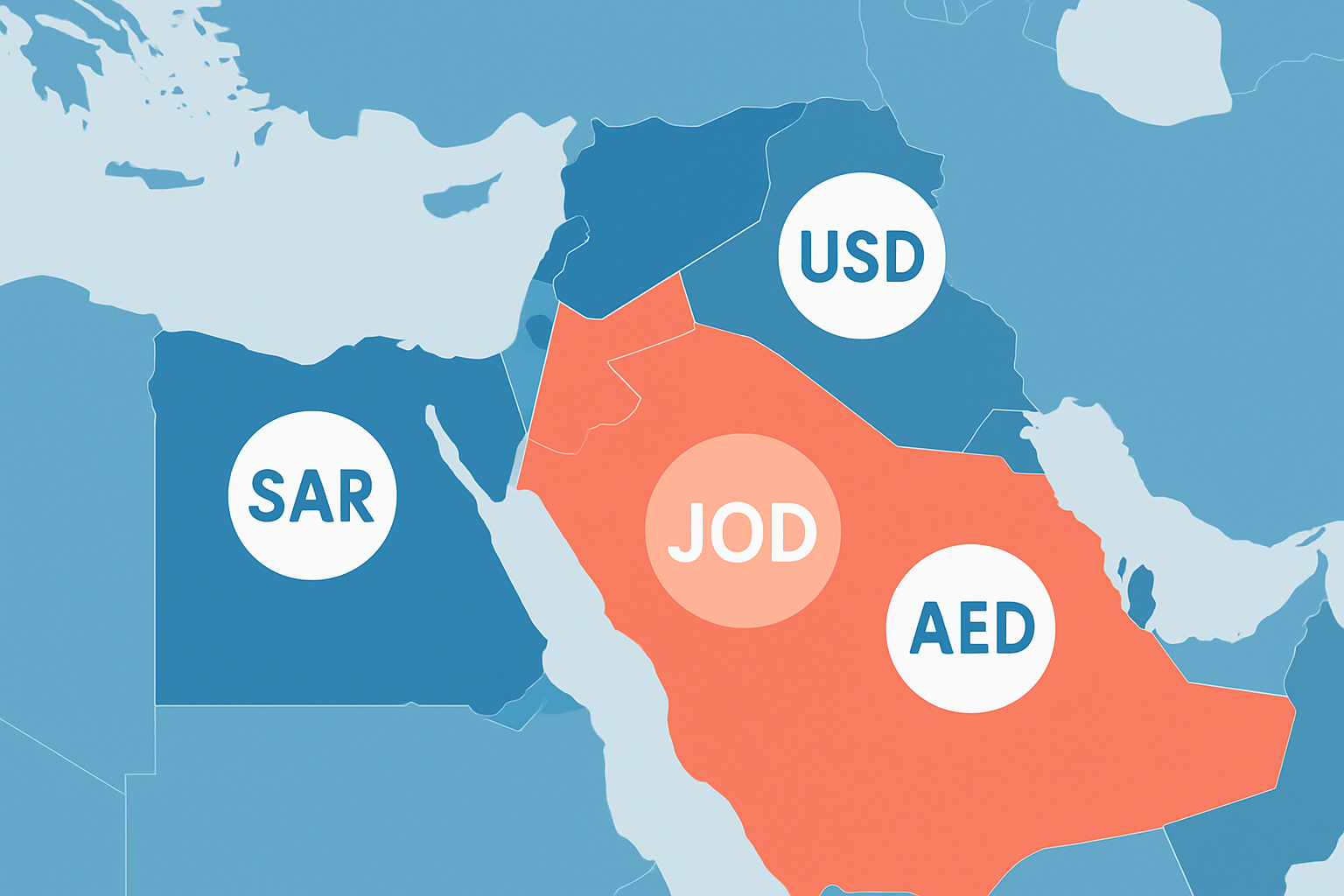 Map highlighting Jordan and key Middle Eastern trading partners with currency symbols overlayed.