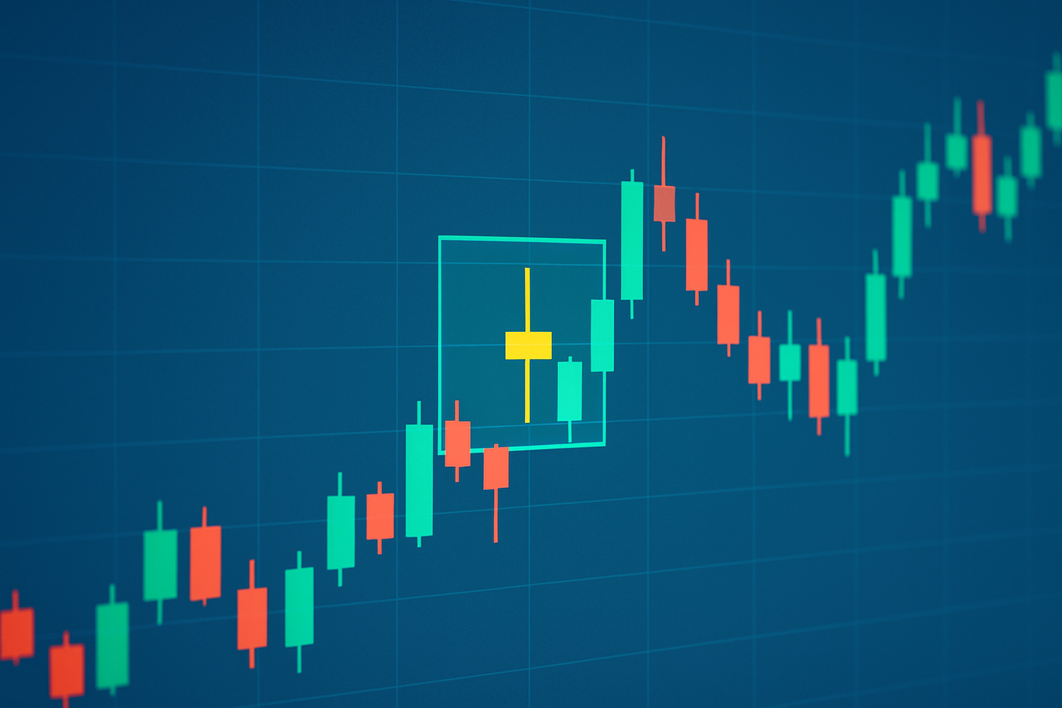 Example of a typical doji candle on a candlestick chart, highlighting the small body and long wicks.