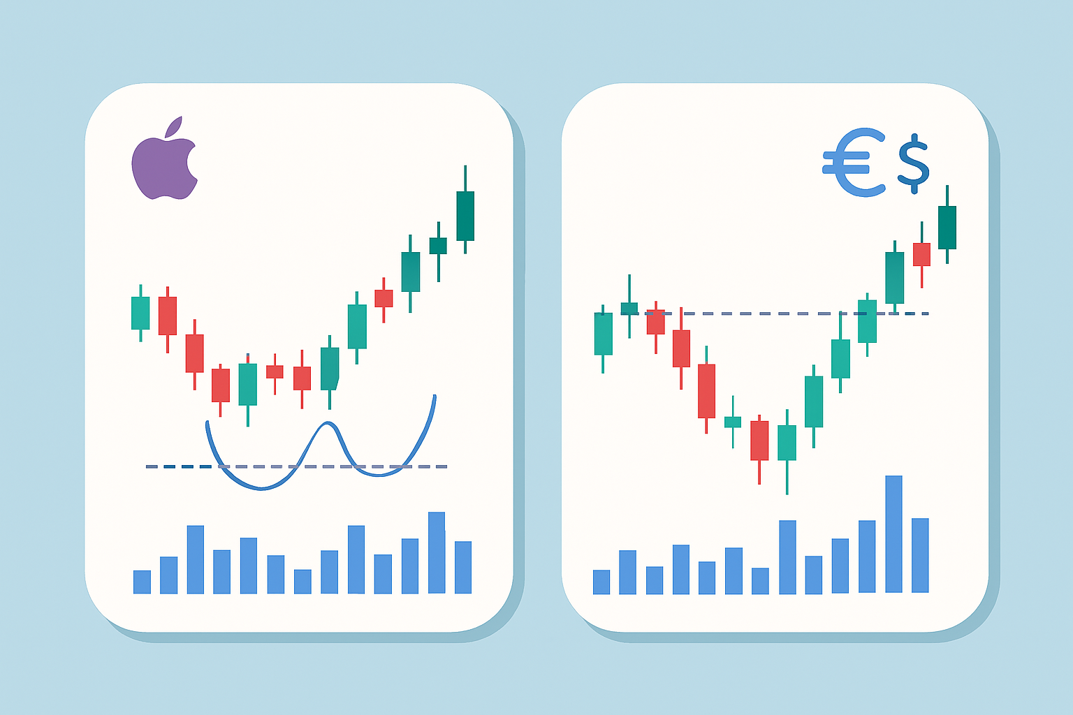 Real-world charts showing double bottom formation and breakout examples on Apple stock and EUR/USD currency pair.