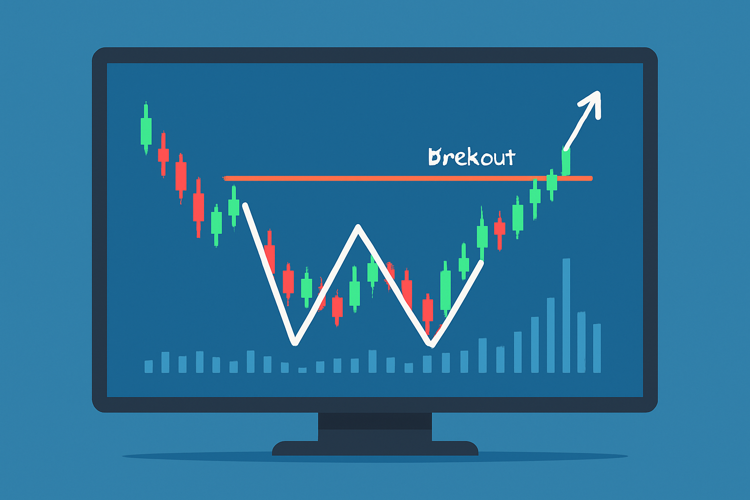 Illustration of the double bottom pattern on a price chart highlighting two lows, neckline, and breakout point.