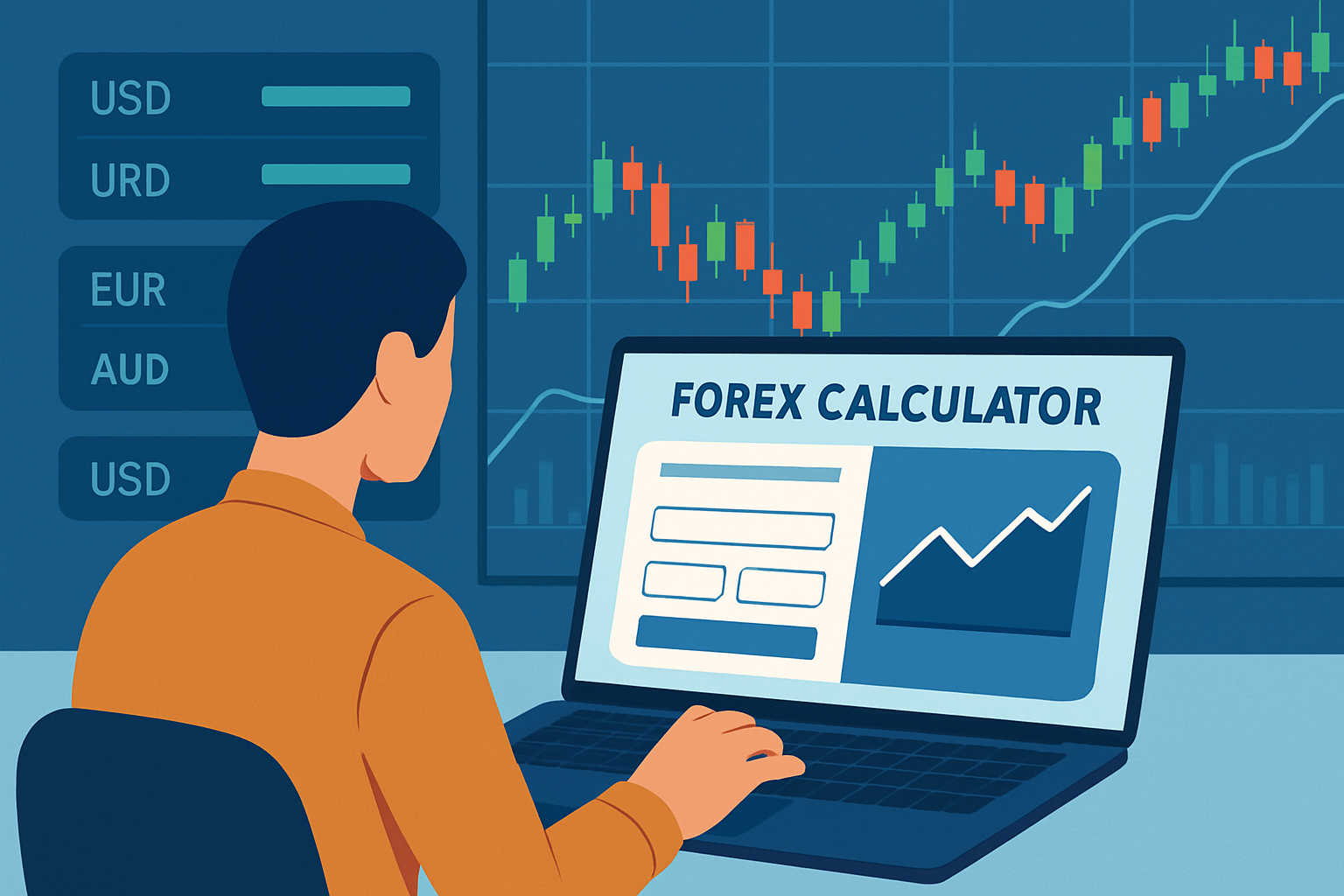 A forex trader calculating position size using a forex calculator on a laptop with charts in the background.