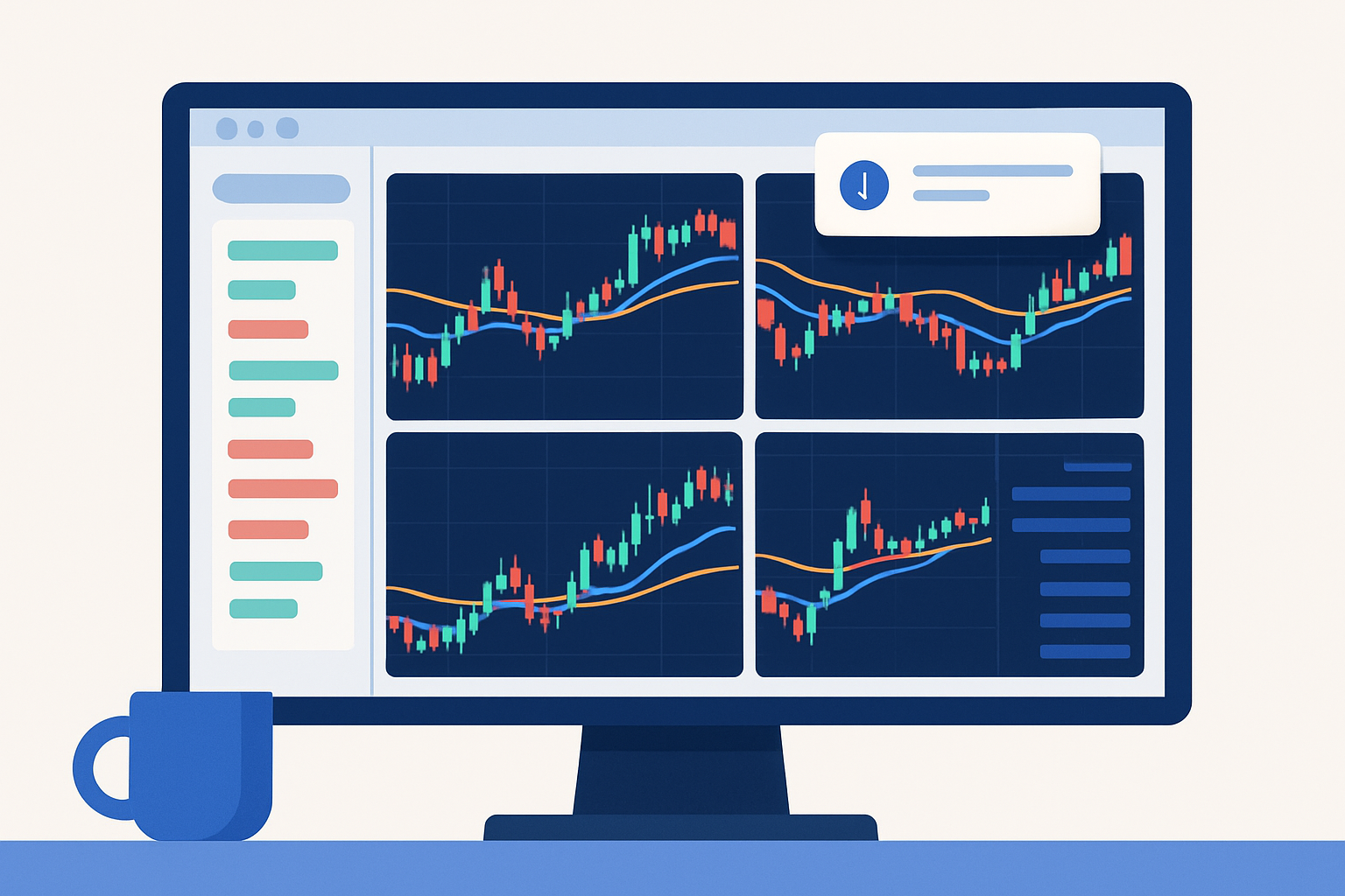 A TradingView workspace optimized for scalping, showing multiple charts with key indicators and active alerts for rapid trading.