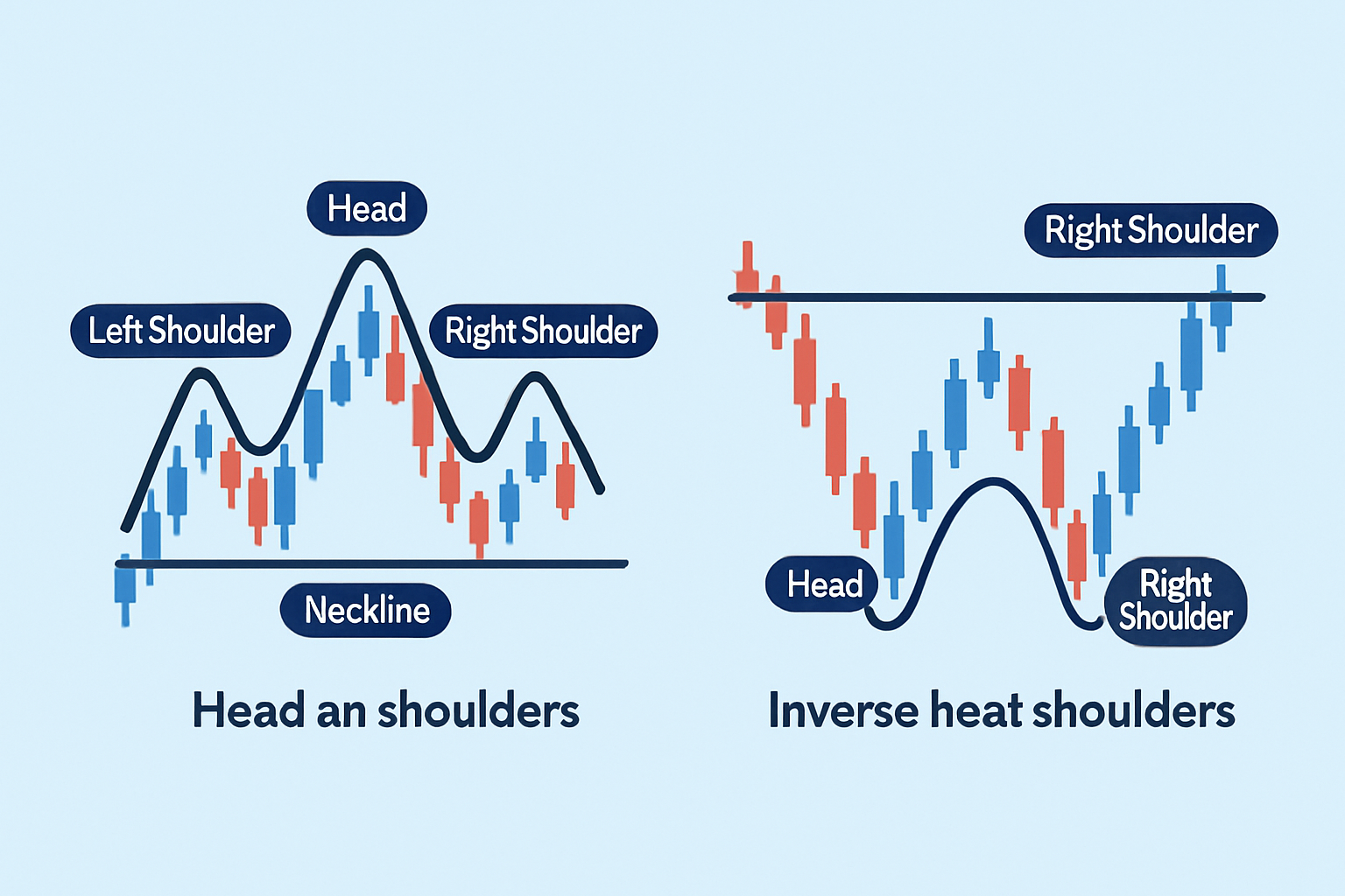 Visual comparison of the standard and inverse head and shoulders patterns, showing the formation's structure and neckline on price charts.