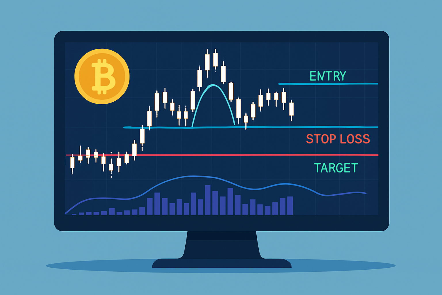 Example of a head and shoulders pattern applied to a cryptocurrency chart, demonstrating trade entry, stop-loss placement, and price target.