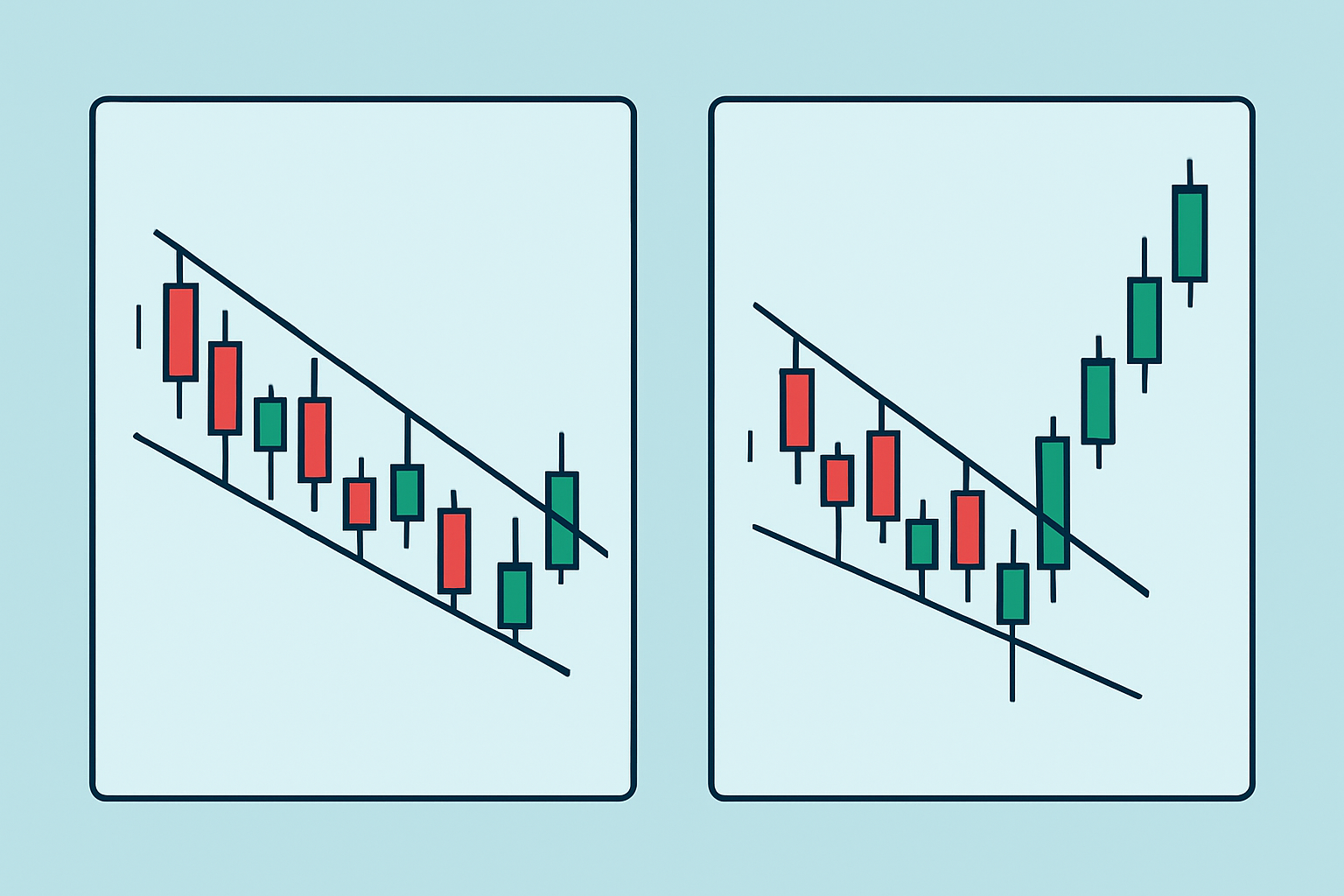 Examples contrasting a false breakout and a real bullish breakout from a falling wedge pattern