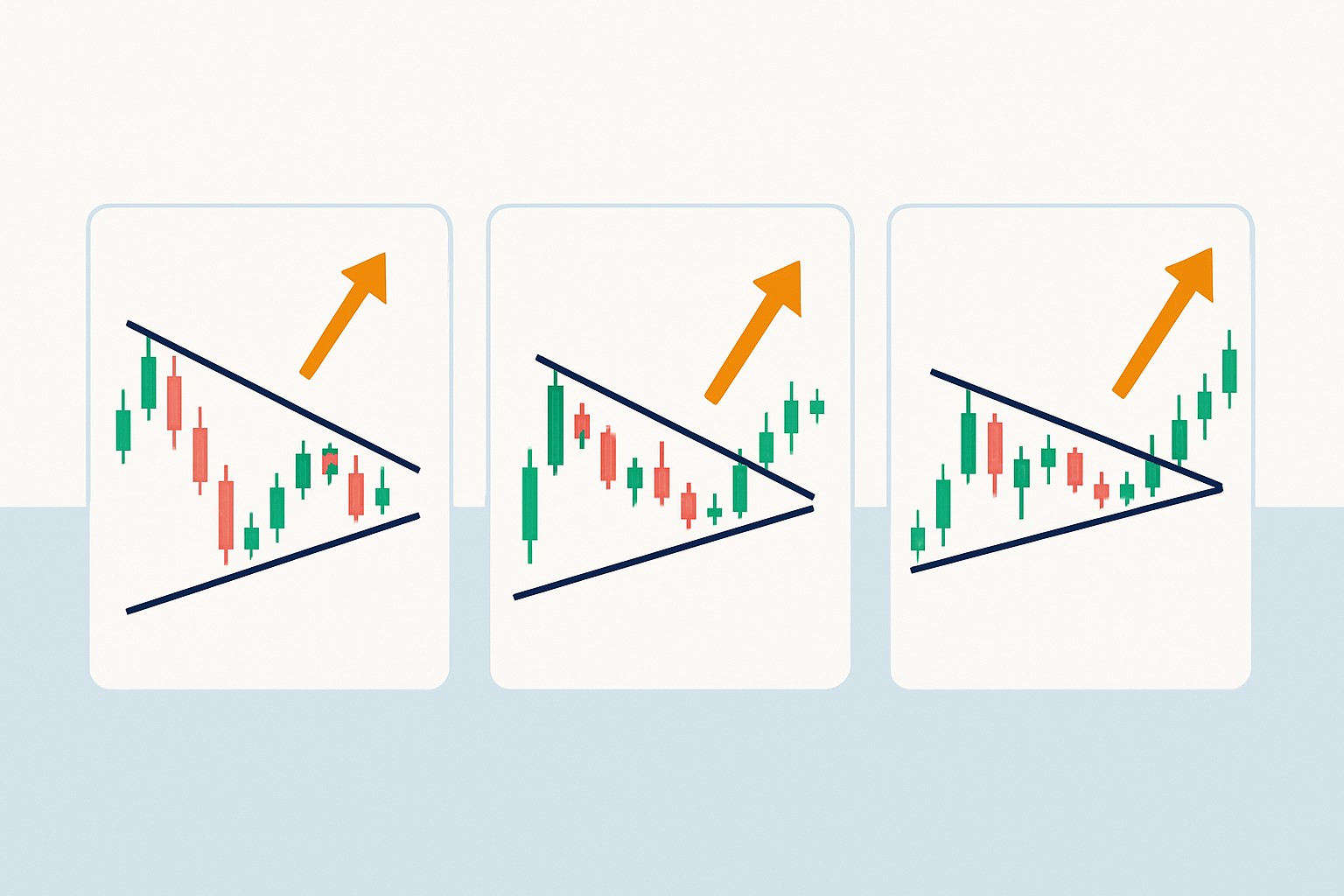Multiple annotated real market charts displaying falling wedge pattern formations and breakout points