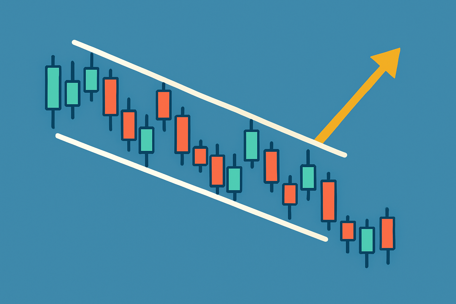 Visual example of a falling wedge pattern showing converging trendlines and breakout on a candlestick chart