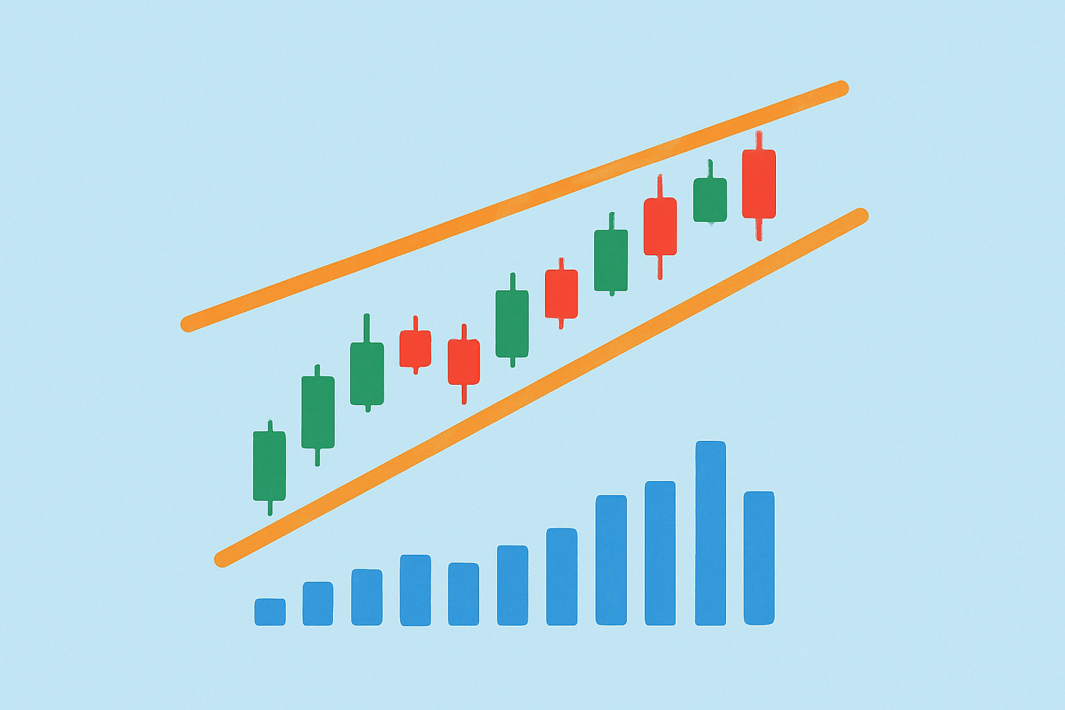 Example of a rising wedge pattern on a candlestick chart highlighting converging trendlines and volume decline