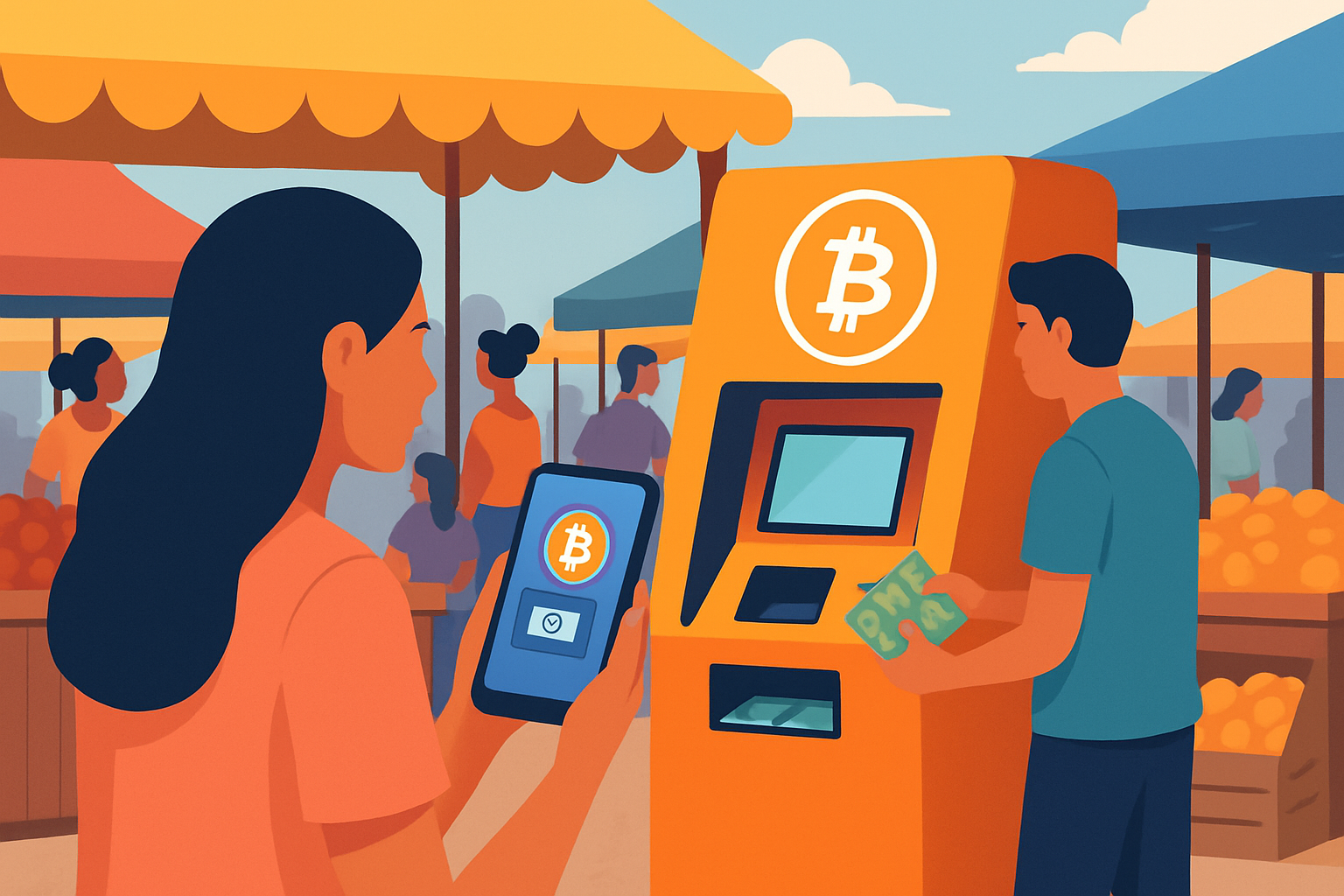 A Bitcoin ATM serving users in El Salvador’s marketplace, illustrating crypto-to-cash conversion in everyday settings
