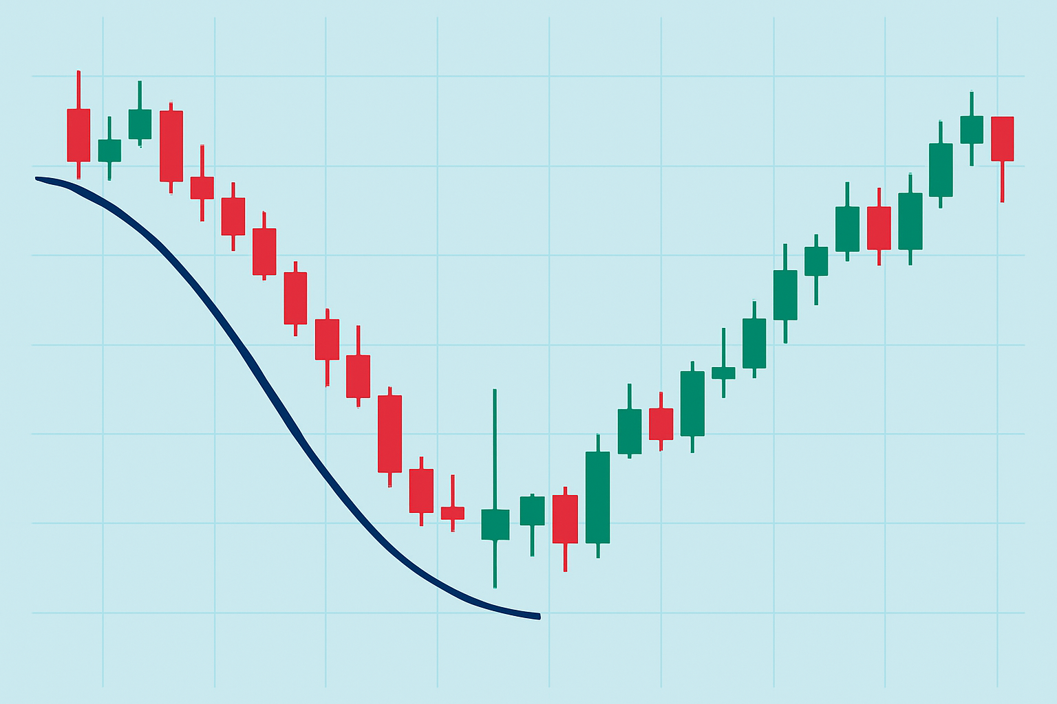 Illustration of an inverted hammer candlestick showing its defining long upper shadow and small real body at the bottom of a downtrend.