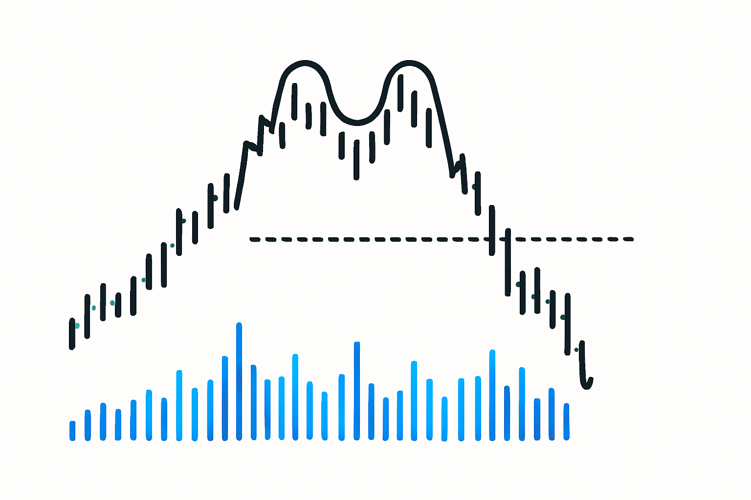 A price chart illustrating a double top pattern with corresponding volume bars highlighting key volume changes confirming the pattern