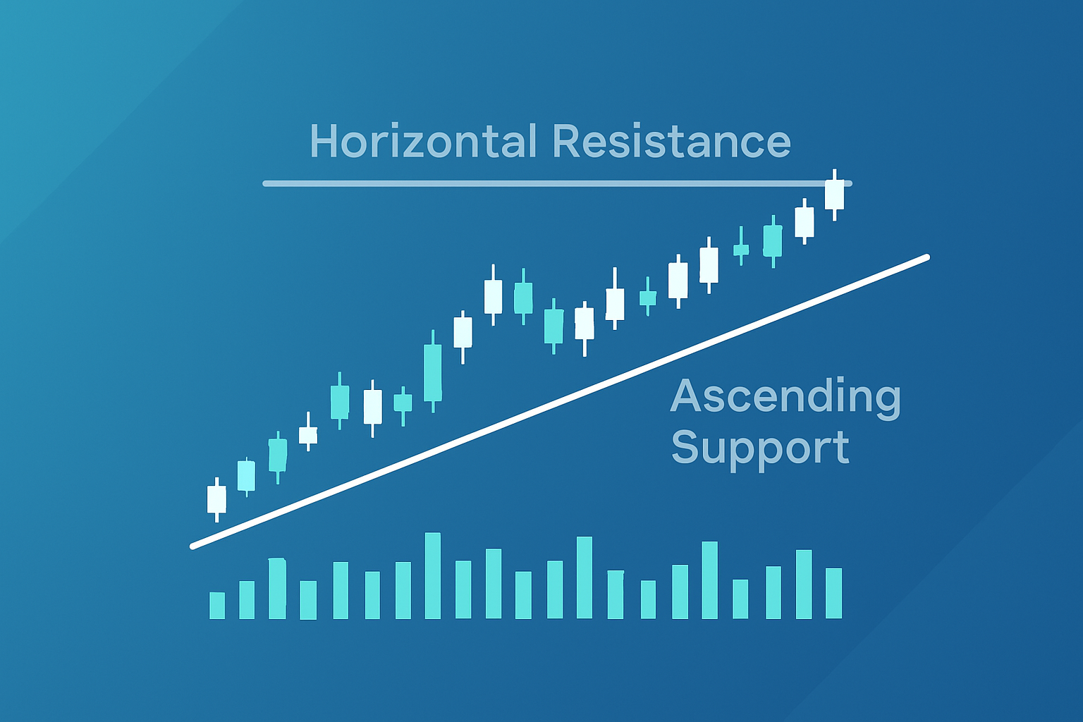 Example of an ascending triangle pattern on a stock chart, highlighting the flat resistance line and rising support line.