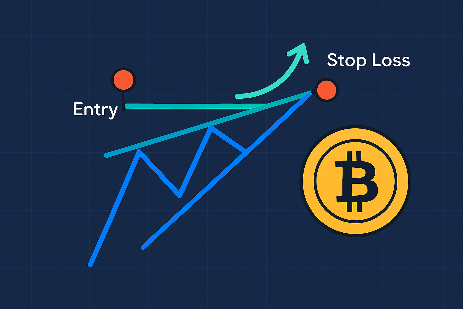 Chart showing an ascending triangle breakout trade on a cryptocurrency, highlighting entry, stop-loss, and target levels.