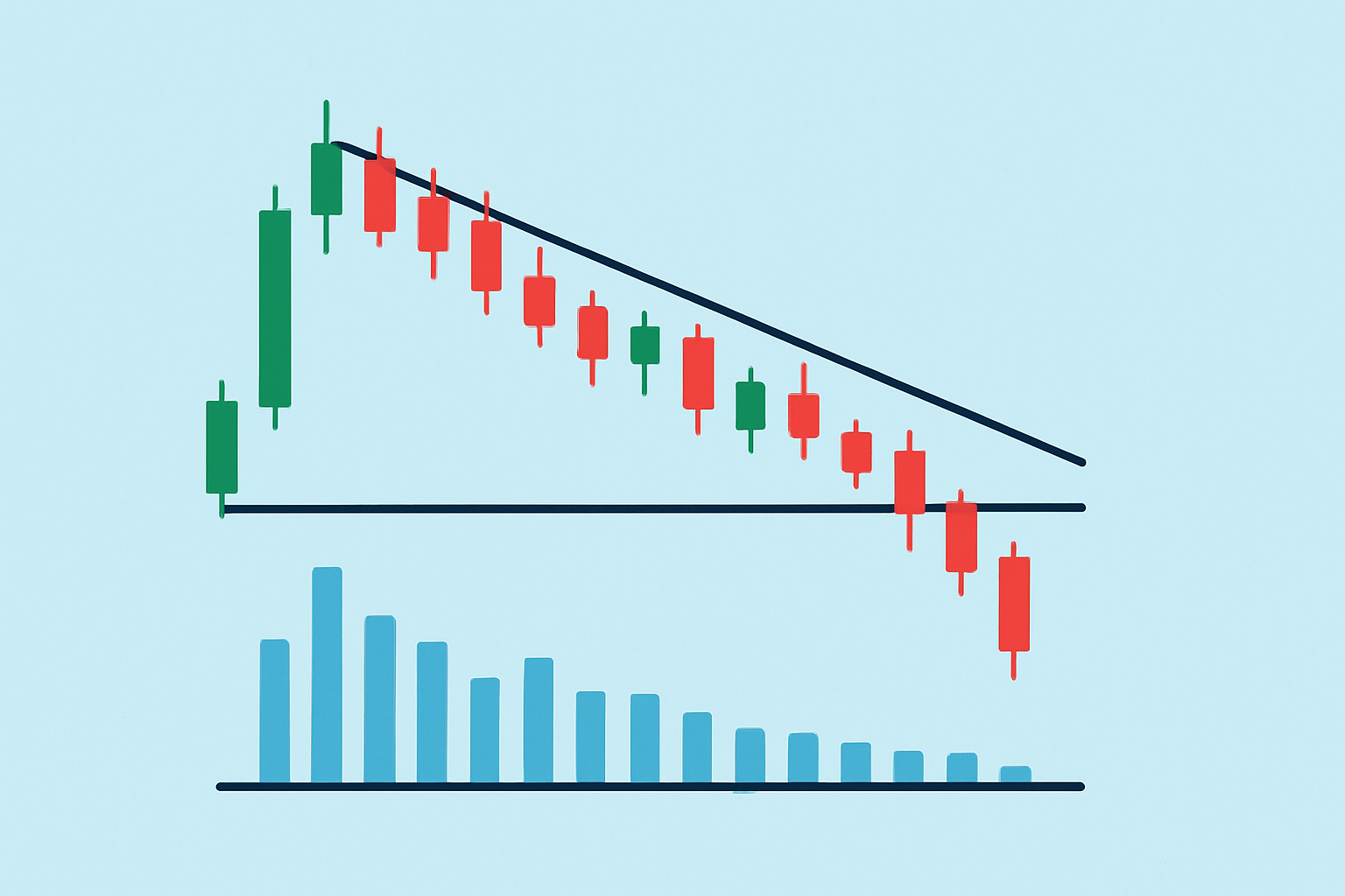 A price chart depicting a descending triangle pattern with clear horizontal support, descending resistance, and volume contraction.