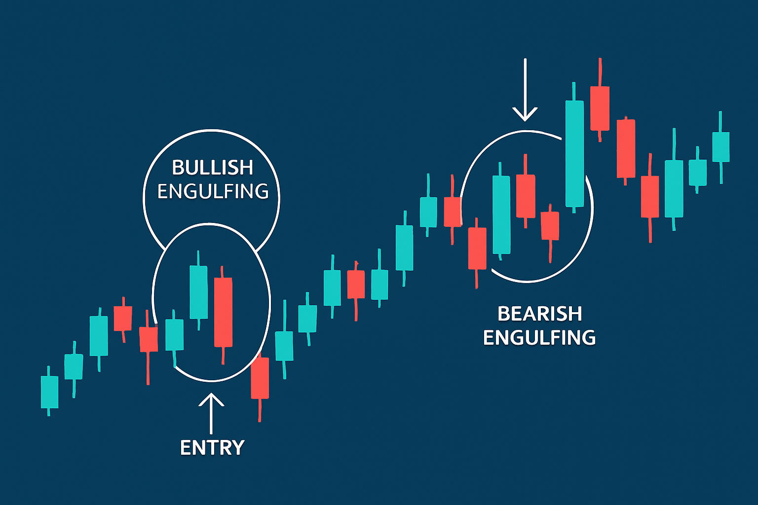 Real trading chart examples showing both bullish and bearish engulfing patterns with annotations indicating trade outcomes.
