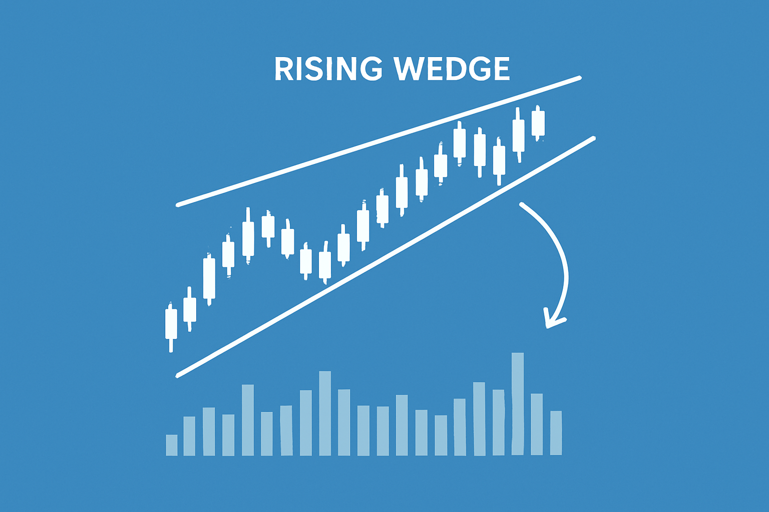Example of a rising wedge pattern on a price chart showing converging trendlines and decreasing volume.