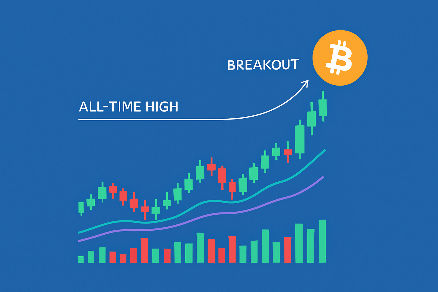 A detailed cryptocurrency price chart showing a breakout above the all-time high with technical analysis annotations.