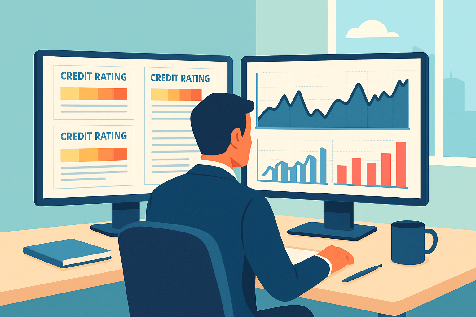 Analyst studying Fitch Ratings reports alongside stock charts to make informed trading decisions.