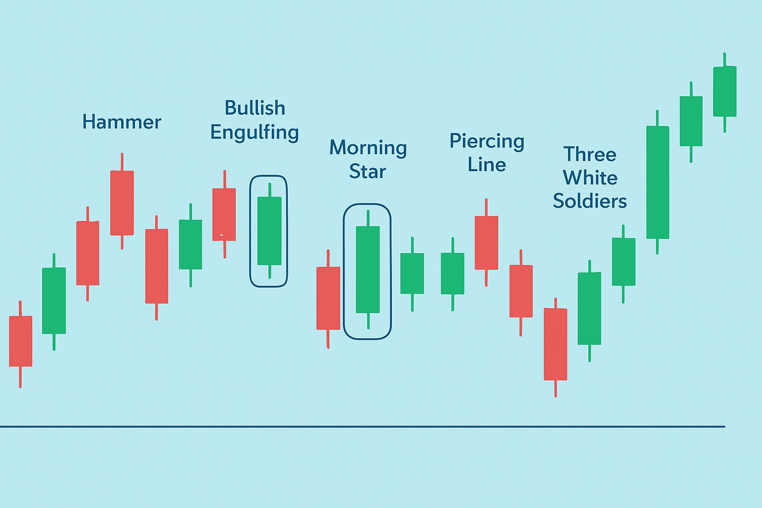 Visual examples of common bullish candlestick patterns on a candlestick chart