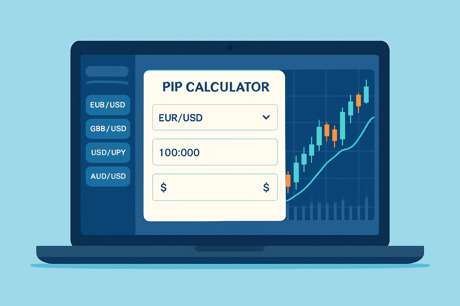 Screenshot of a forex trading platform displaying a pip calculator tool alongside market charts and currency pair listings.
