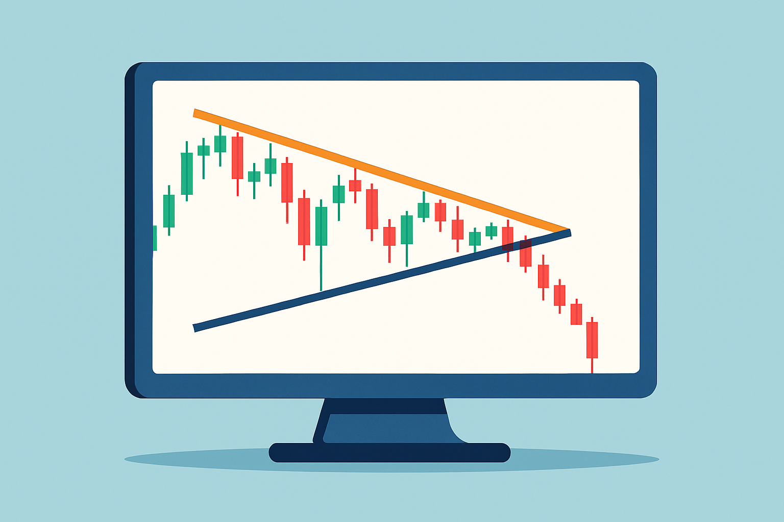 Annotated real-world examples of descending triangles highlighting formation and breakout in stock and cryptocurrency charts.