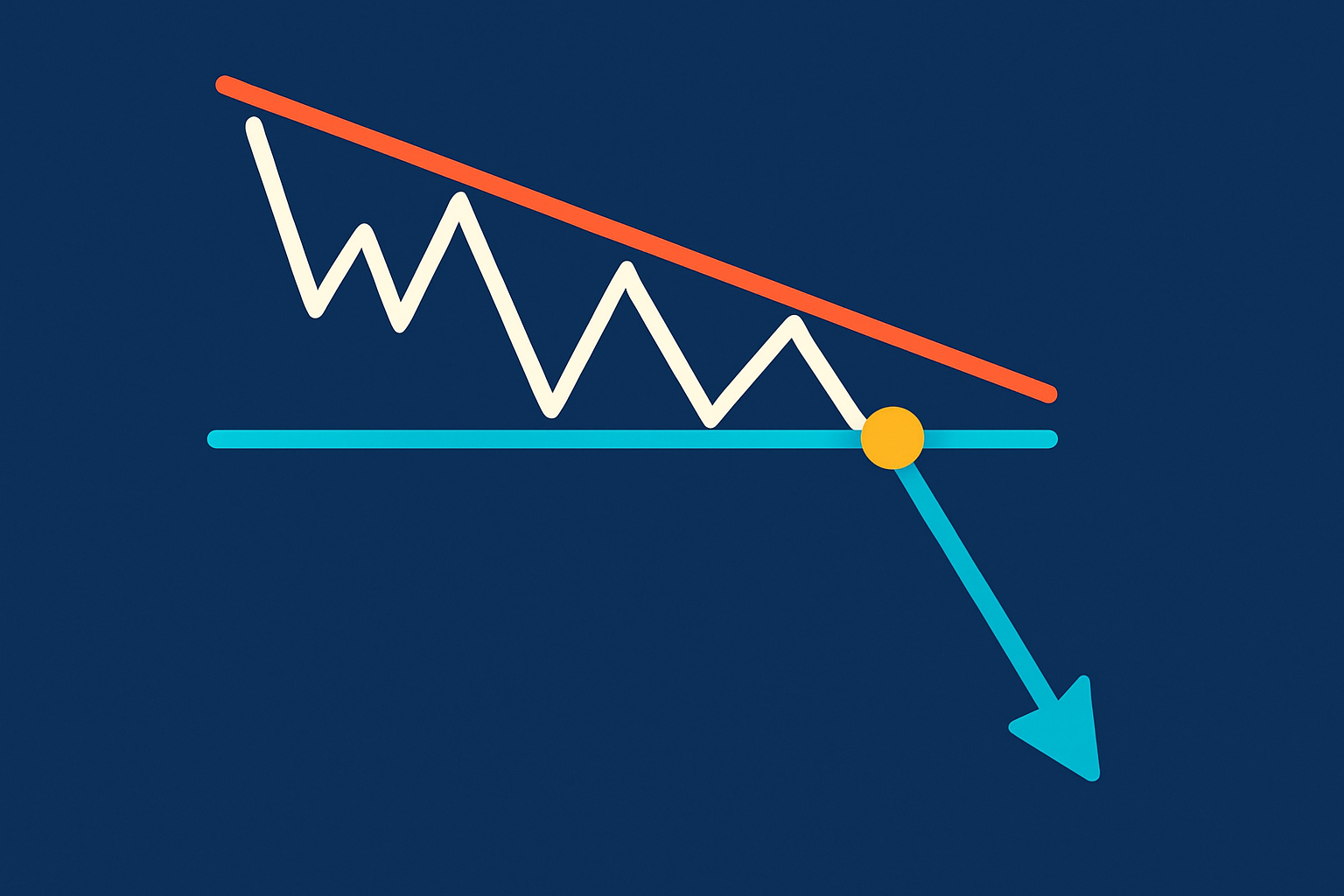 Illustration of a descending triangle pattern featuring lower highs and horizontal support, highlighting key points of price touches and breakout.