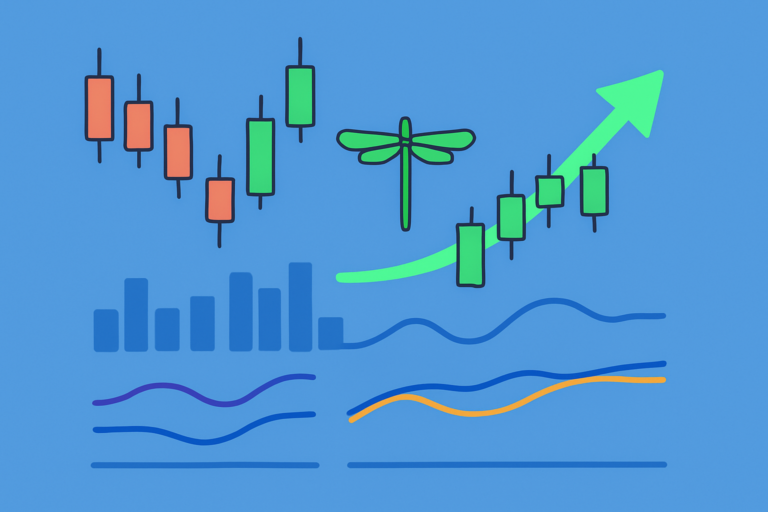 Example of a technical chart illustrating a dragonfly doji accompanied by RSI oversold levels, MACD bullish crossover, and volume spike confirming a reversal.