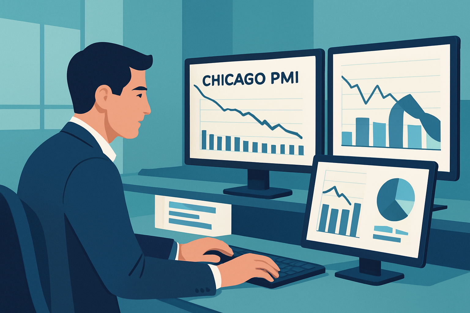 Trader examining Chicago PMI data and charts to inform market decisions during report release.