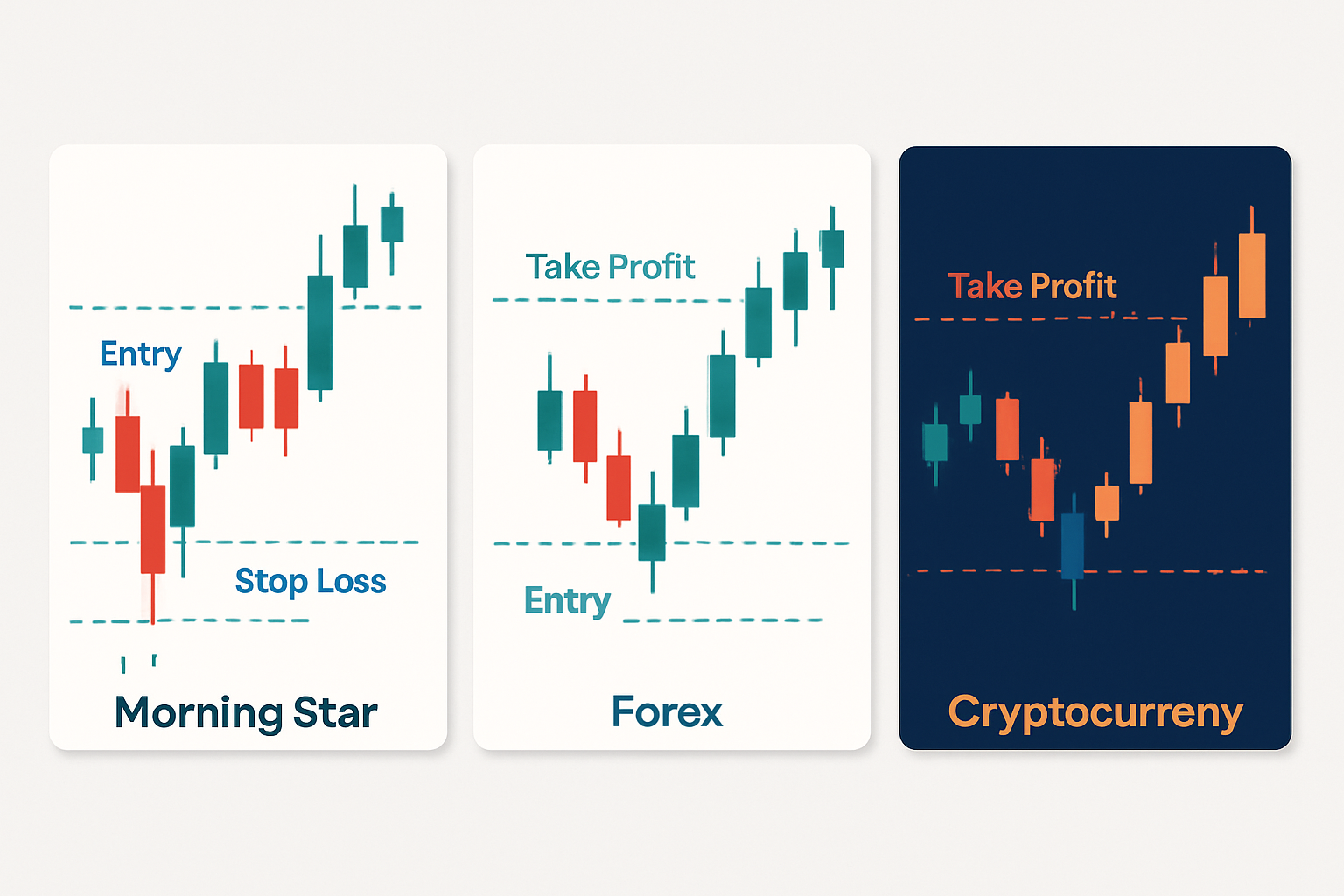 Annotated screenshots of morning star formations on real charts with trade entries, stop-loss, and take profit points