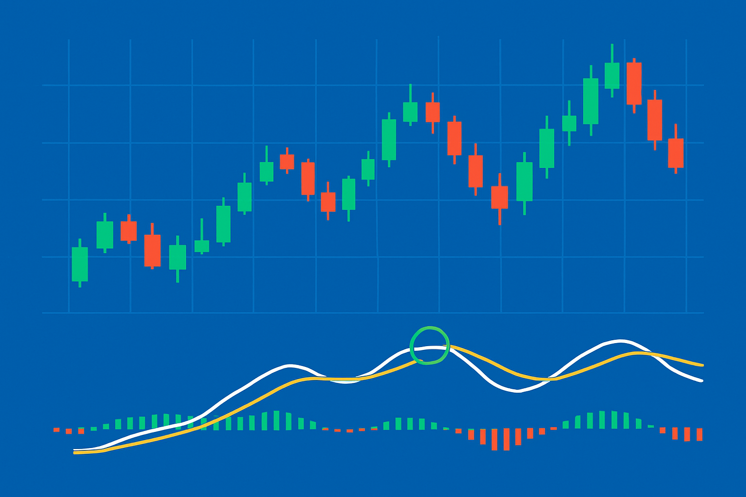 Example of a trading chart illustrating MACD crossovers signaling potential buy and sell points.