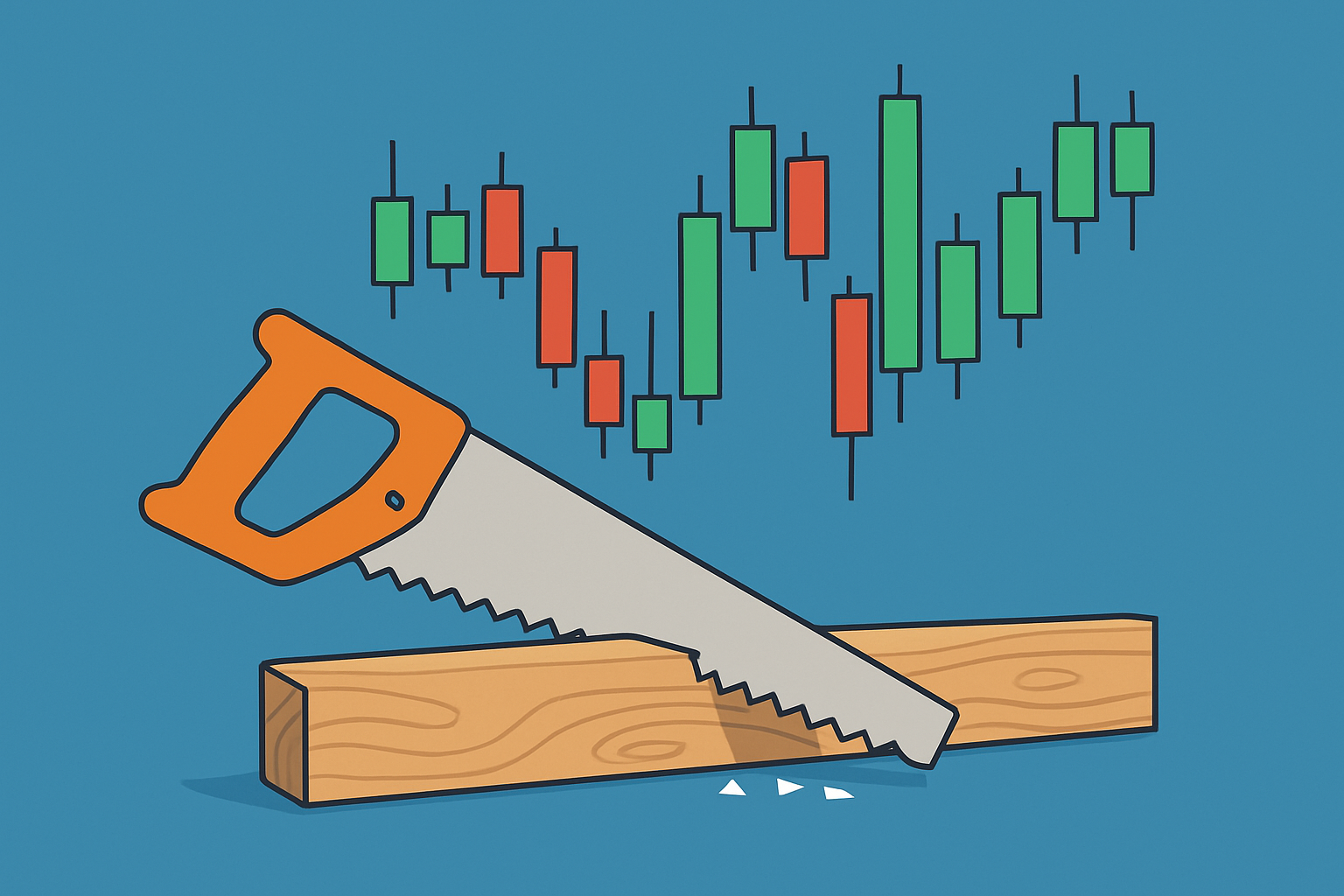 Visual metaphor linking the whipsaw saw motion with volatile market price action displaying sharp reversals.