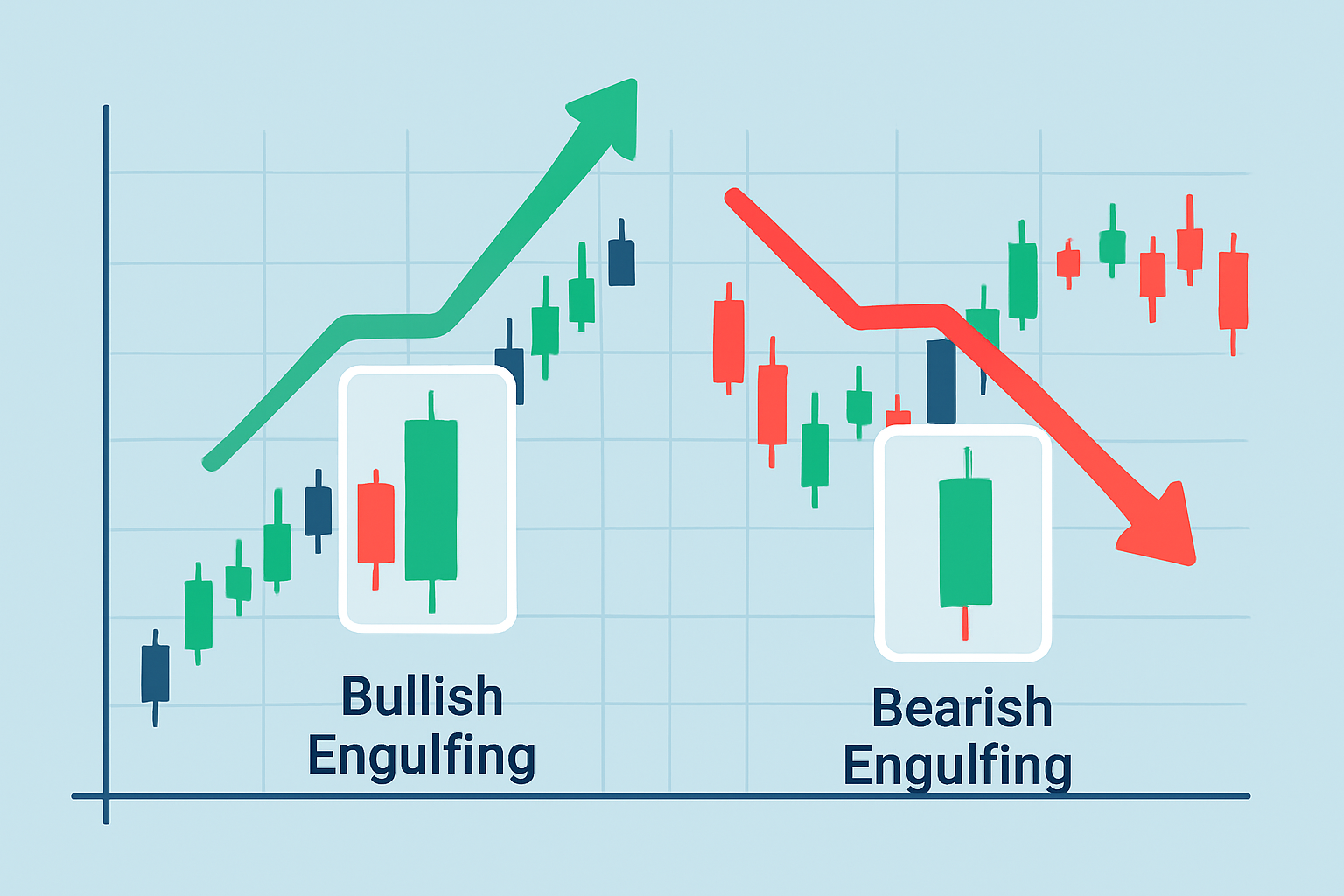 Visual examples of engulfing candle patterns highlighted in multiple markets including stocks, forex, and crypto.