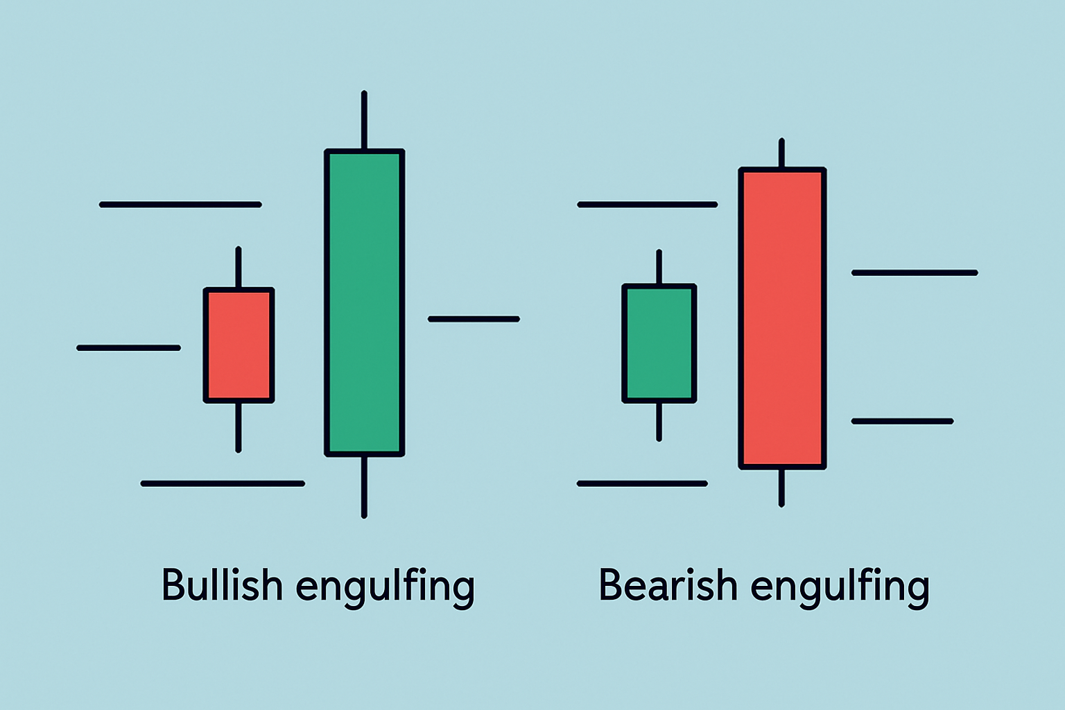 Illustration of bullish and bearish engulfing candle patterns showing the larger candle engulfing the previous smaller candle.