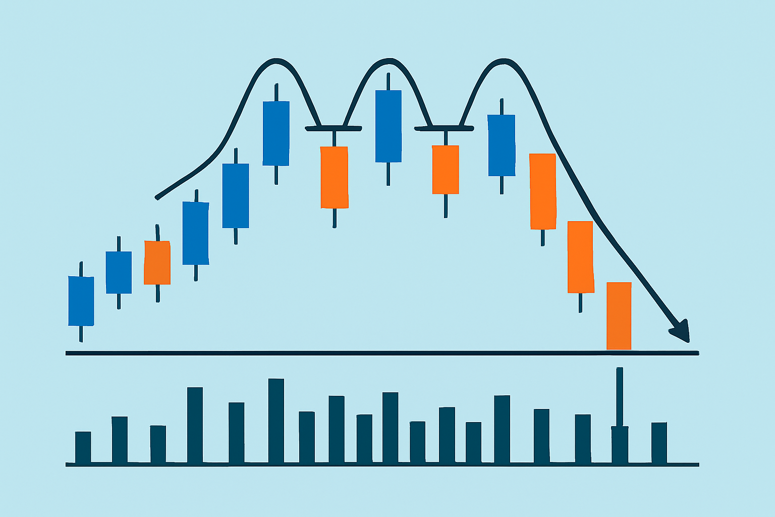 Annotated chart showing detailed steps to identify a triple top pattern including peaks, resistance line, volume decrease, and breakdown point.