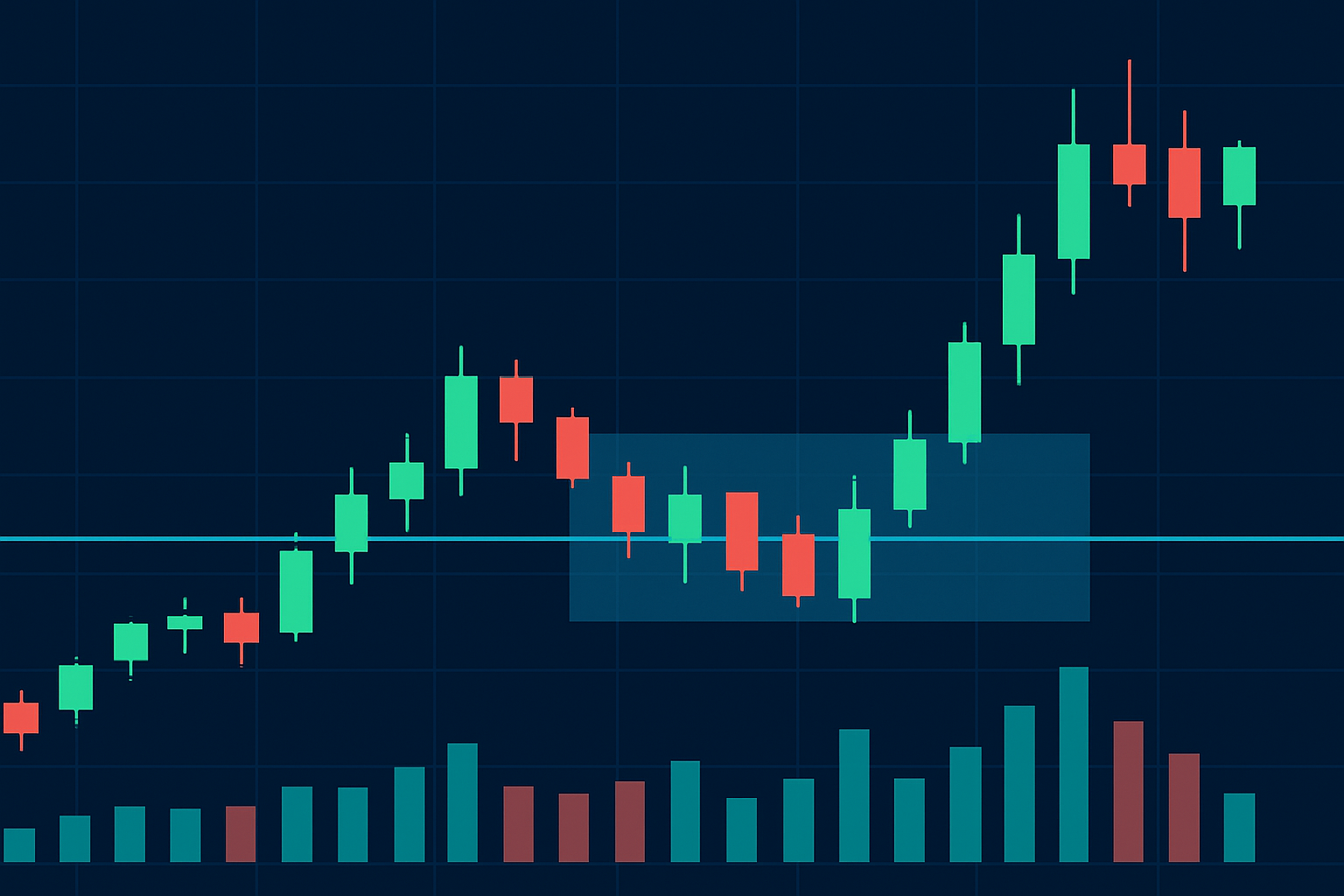 Example of an order block formation on a candlestick chart with key volume and price action indicators marked.