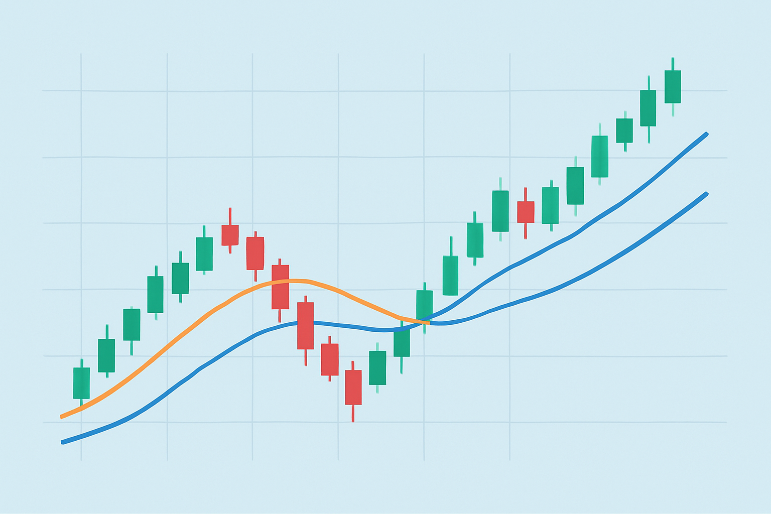 A stock price chart featuring 12-day and 26-day EMA lines, demonstrating crossover signals for trend identification.