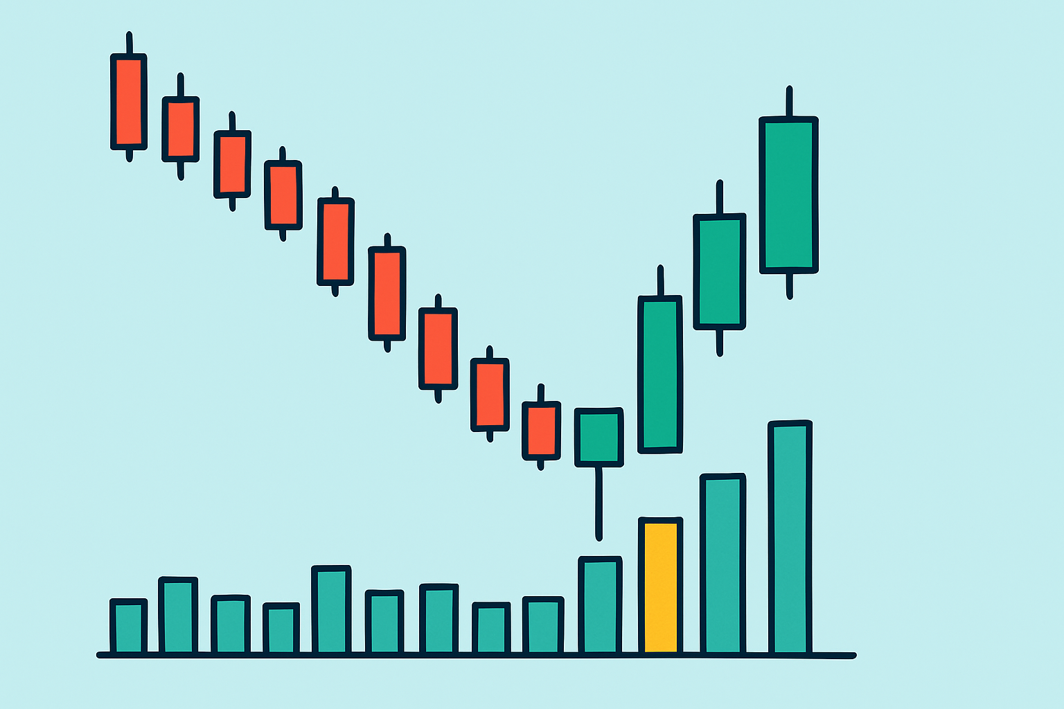 Chart example highlighting an inverted hammer candle followed by a confirming bullish candle with volume, illustrating effective trade setup.
