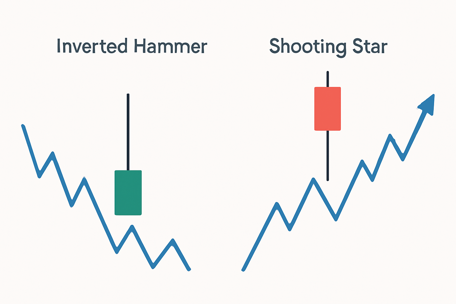 Side-by-side illustration of an inverted hammer candle versus a shooting star candle, highlighting their key differences and market positions.