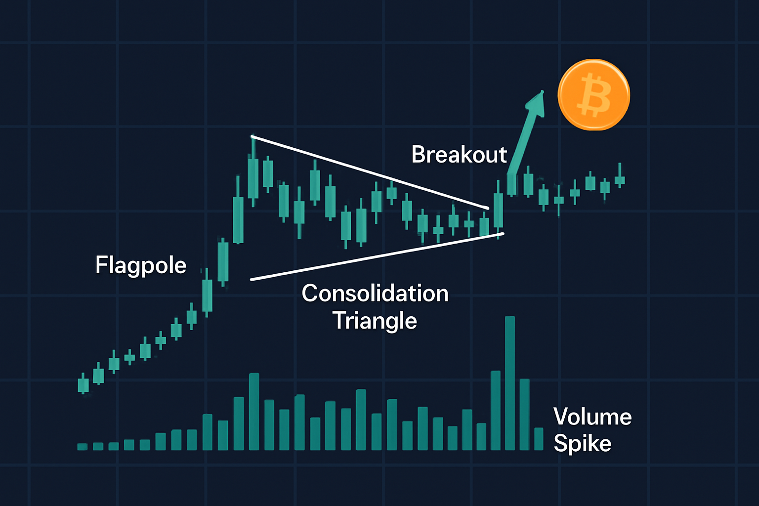 Real chart screenshot showing bullish pennant formation and breakout annotated for clarity