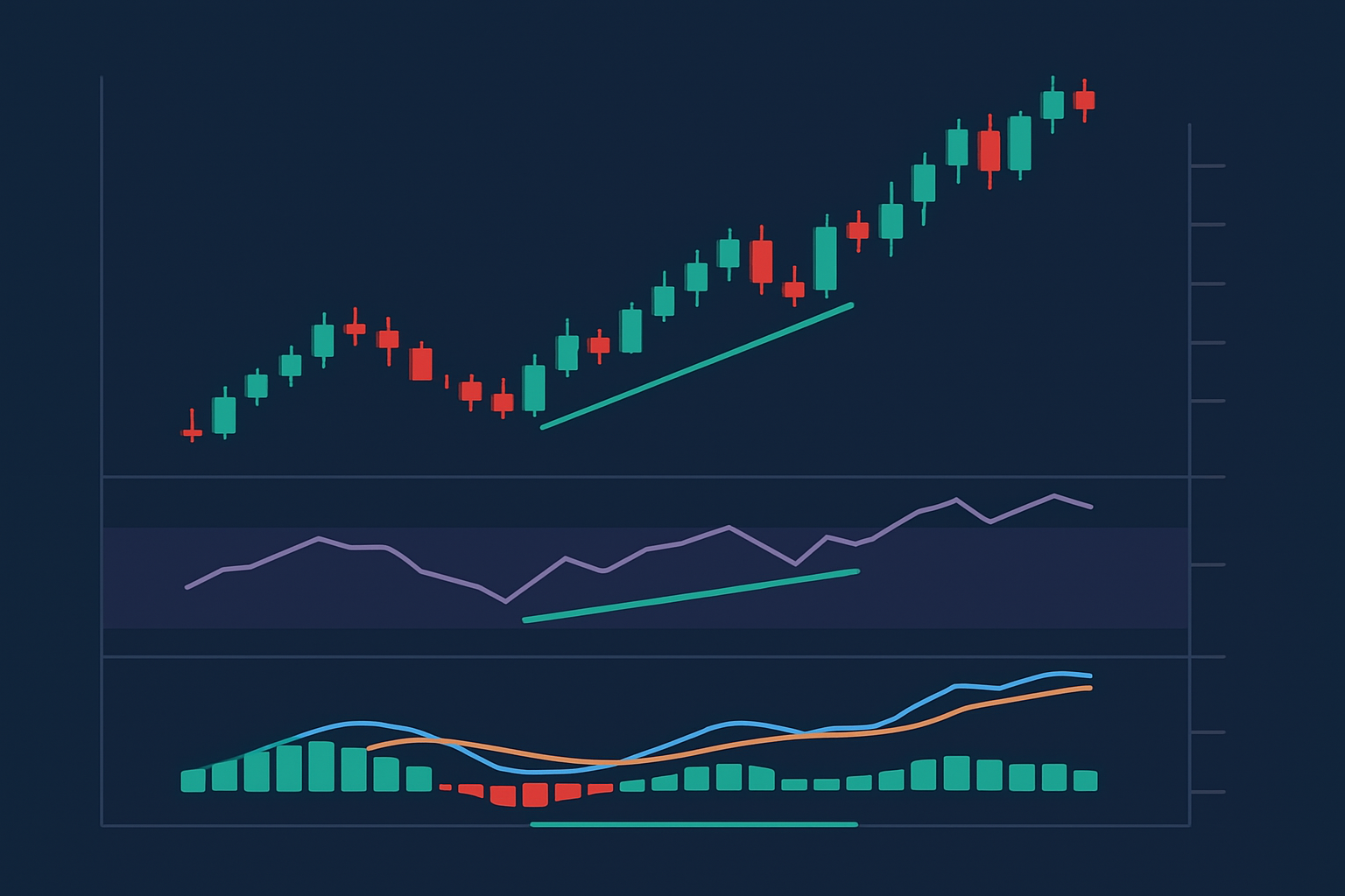 Example of bullish divergence visually identified on both daily and 1-hour charts using RSI and MACD indicators