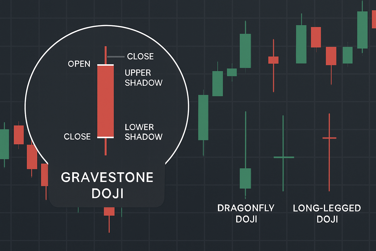 Annotated chart showing a classic gravestone doji candle with labels for the open, close, long upper shadow, minimal lower shadow, alongside other doji types for comparison.
