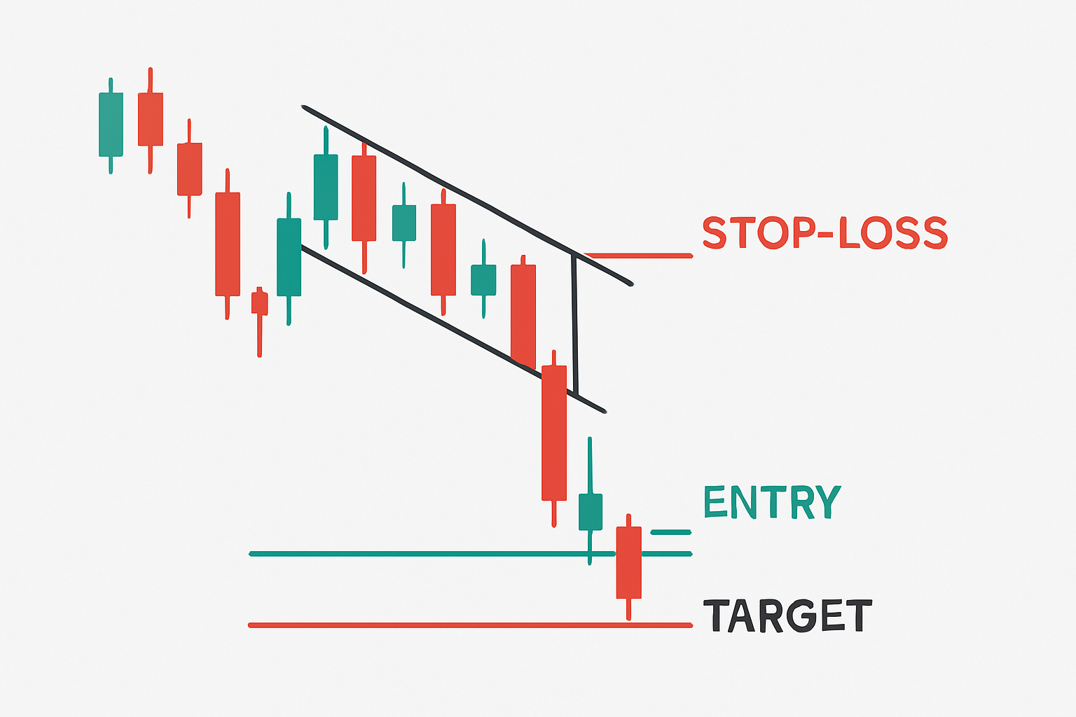 Chart example showing where to place entry, stop-loss, and profit target when trading a bearish flag pattern